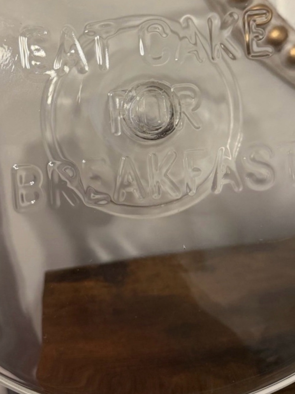 kate spade Clear Glass Cake stand with Embossed "Eat Cake for Breakfast"